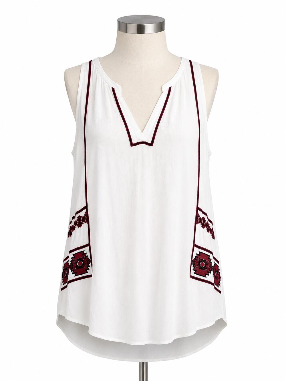 LOFT Embroidered Boho Sleeveless Blouse - White/Maroon - Size M